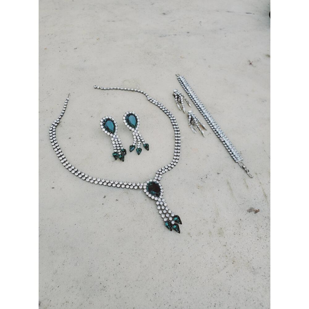 Crystal CZ Emerald Green Statement Bridal Prom Necklace Bracelet Earrings Set